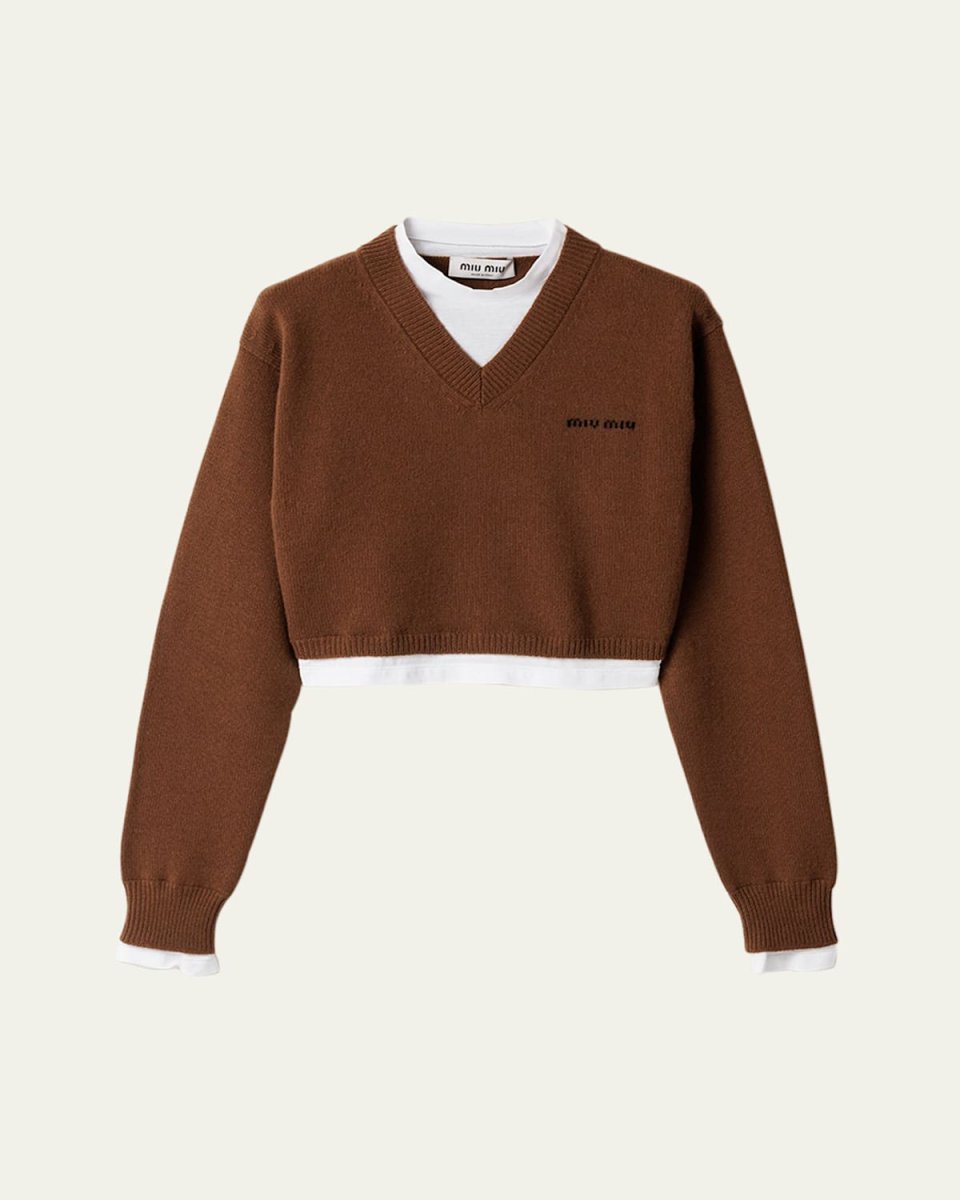 V-Neck Layered Cashmere Knit Crop Sweater